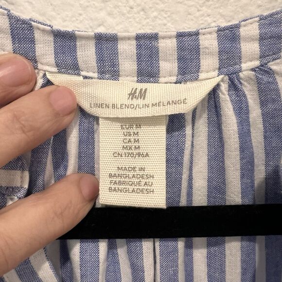H & M Linen Blend Blue White Striped Tunic Mini Dress Size M Beach Vacation Chic - Picture 2 of 7